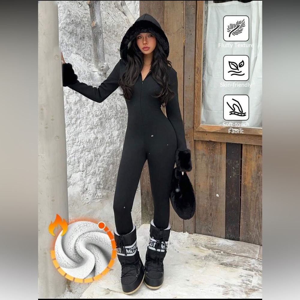 Women's Black Long-Sleeve Fitted Jumpsuit Thermal Lined with a hood